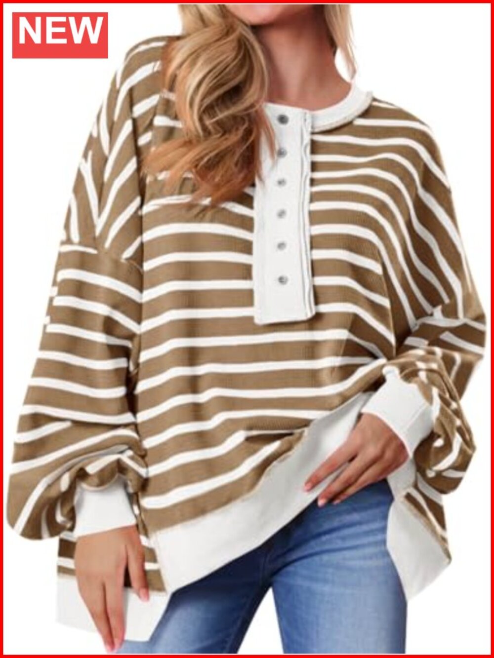 Womens Oversized Striped Sweatshirt Waffle Knit Henley Long Sleeve Pullover